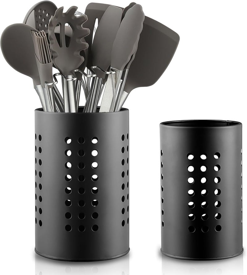 Berglander Kitchen Utensils Holder for Counter Top 2 Pieces, Black Stainless Steel Cutlery Holder, Kitchen Essentials Farmhouse Style Home Countertop Organizer - Image 1